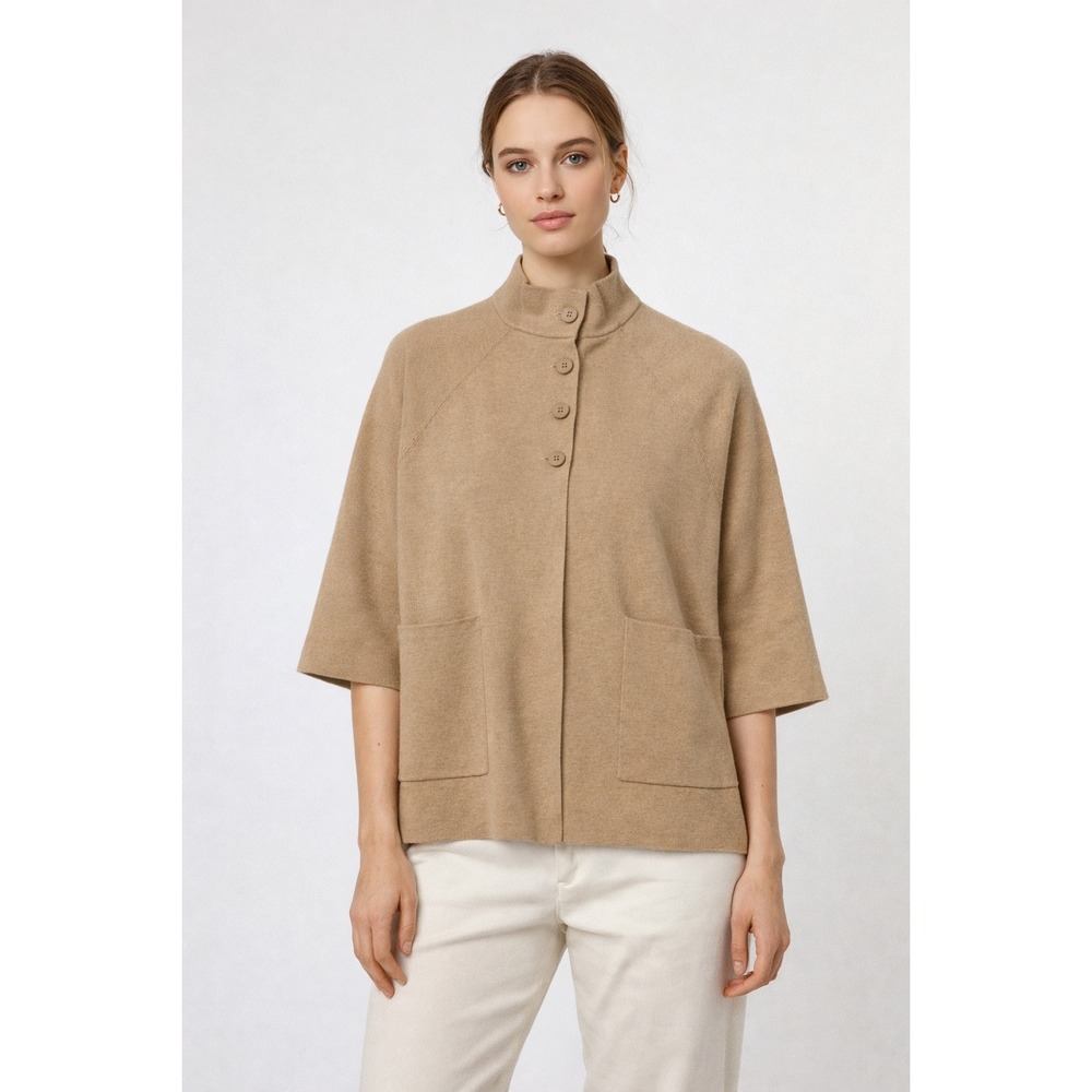 Studio Park Cardigan Women XS Camel Mock Neck Short Sleeve Pockets Excellent